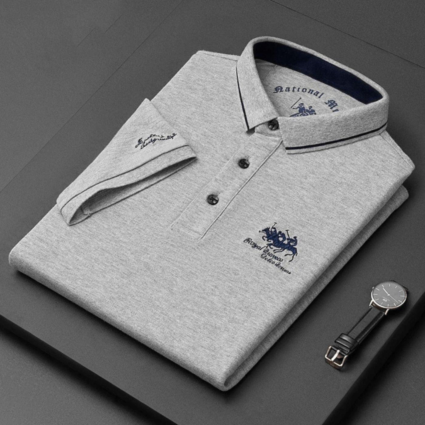 Men's Short-Sleeve Tipped-Collar Cotton Polo Shirt - Szary