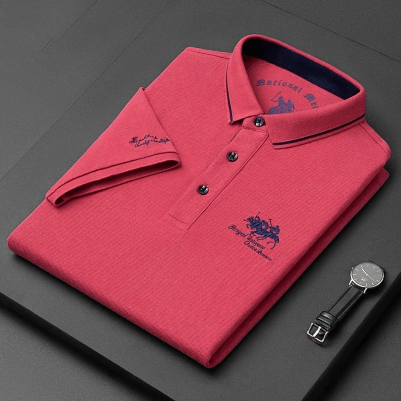 Men's Short-Sleeve Tipped-Collar Cotton Polo Shirt - Czerwony
