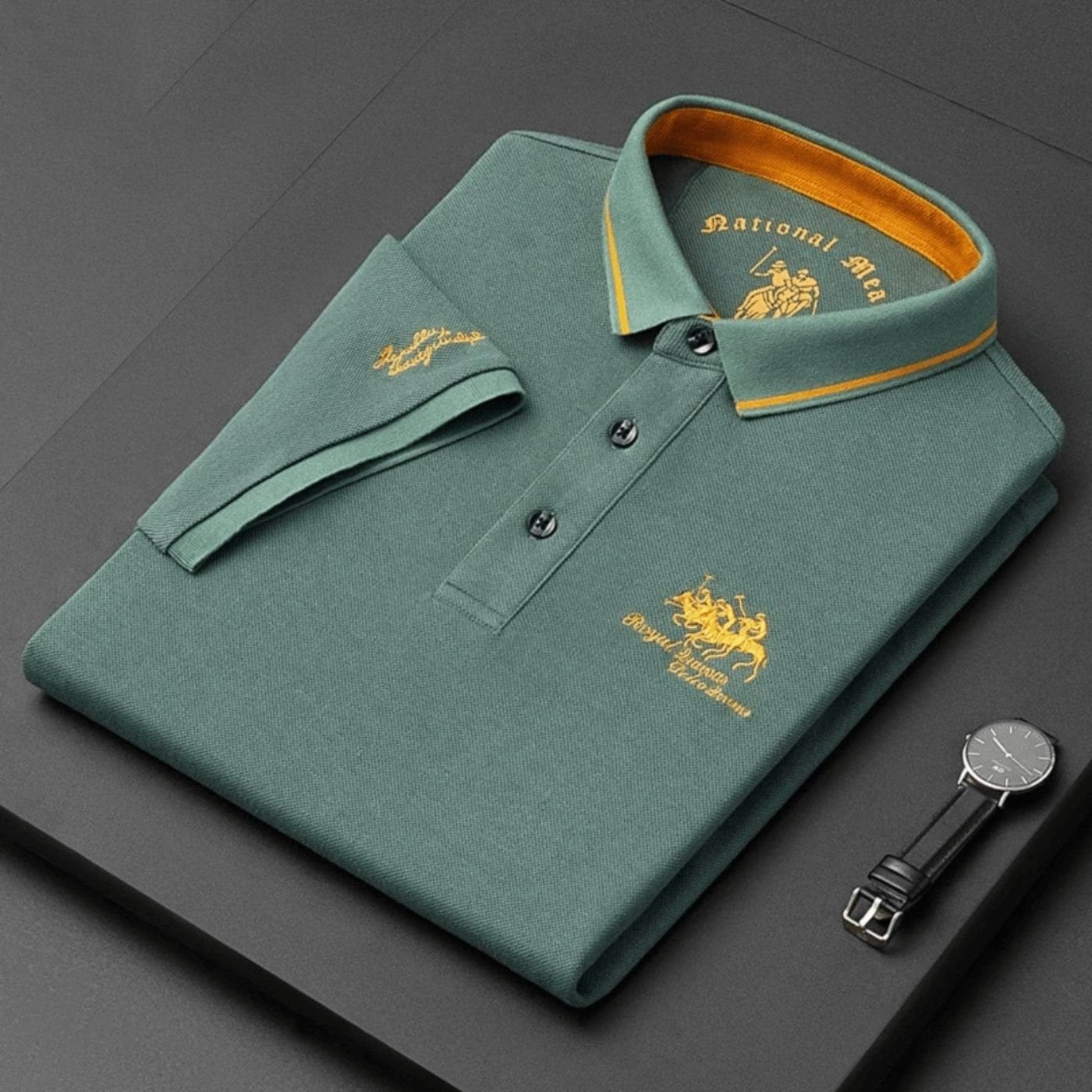 Men's Short-Sleeve Tipped-Collar Cotton Polo Shirt - Zielony