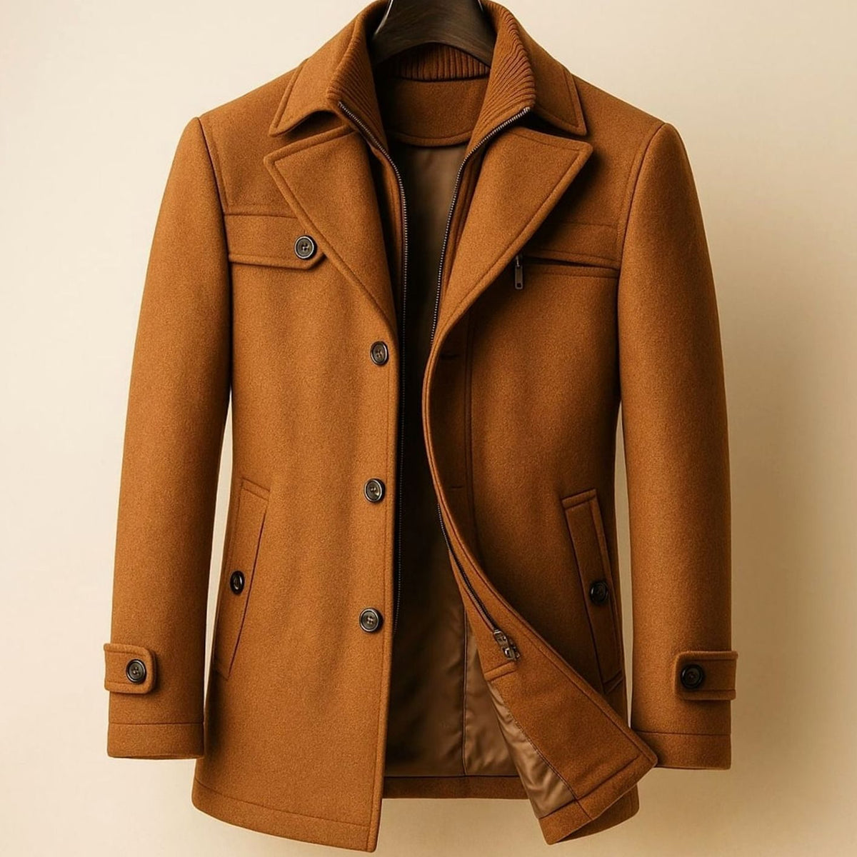 Men's Single-Breasted Tailored Wool-Look Overcoat - Light Brown