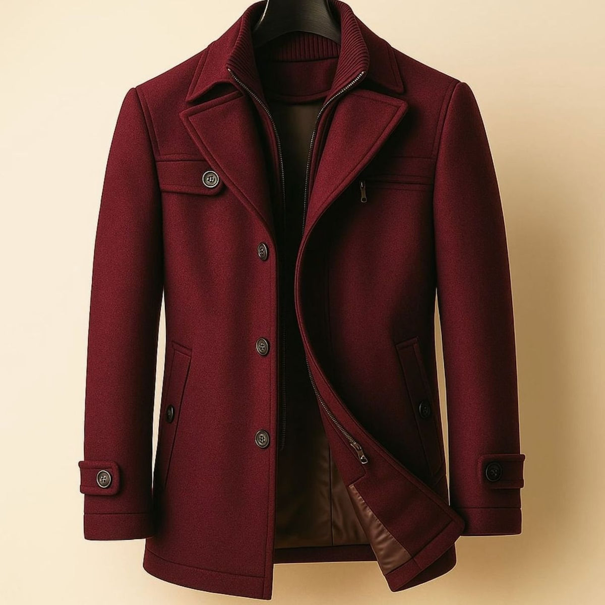 Men's Single-Breasted Tailored Wool-Look Overcoat - Burgundy