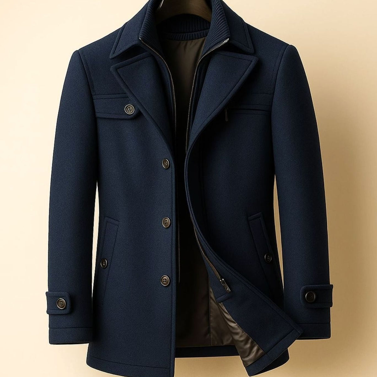Men's Single-Breasted Tailored Wool-Look Overcoat - Navy Blue