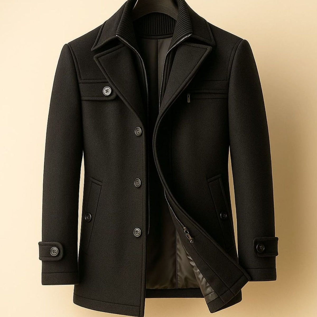 Men's Single-Breasted Tailored Wool-Look Overcoat - Black