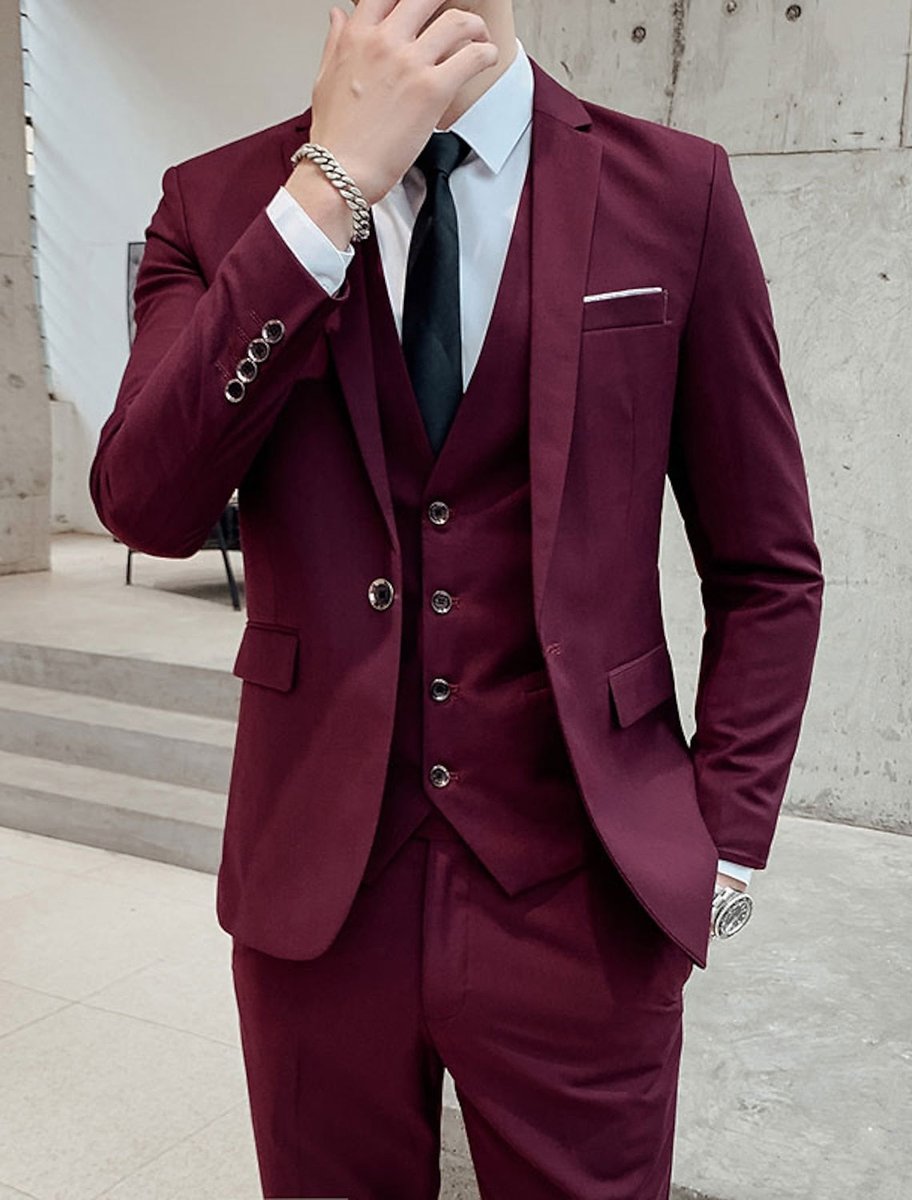 Men's Single-Breasted Two-Button Three-Piece Tailored Suit - Burgundy