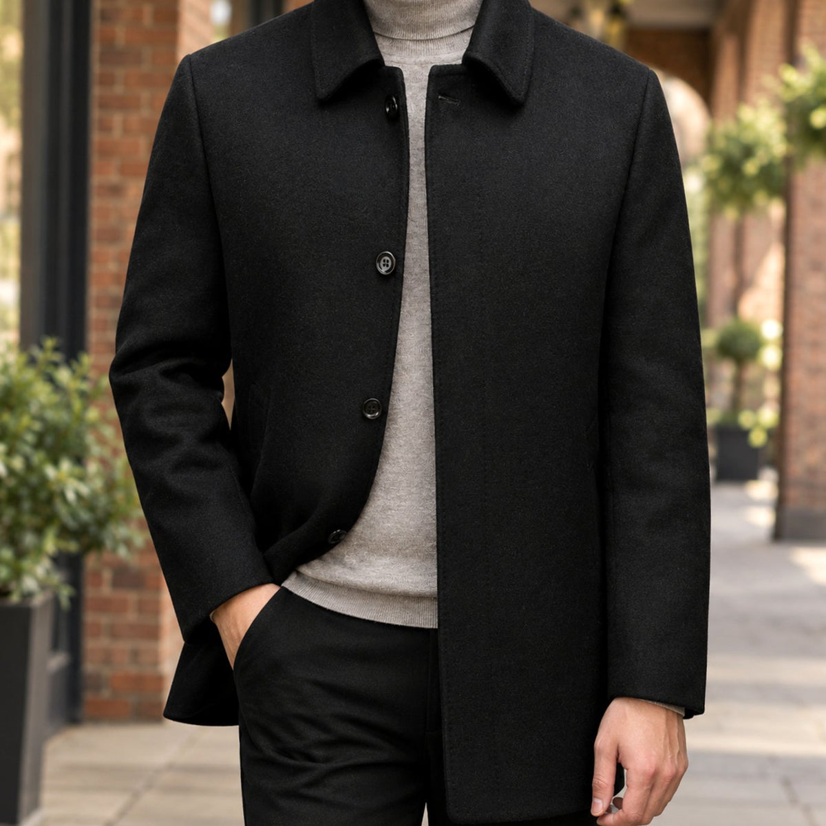 Men's Single-Breasted Wool Jacket Pointed Collar Smart Casual Coat - Black