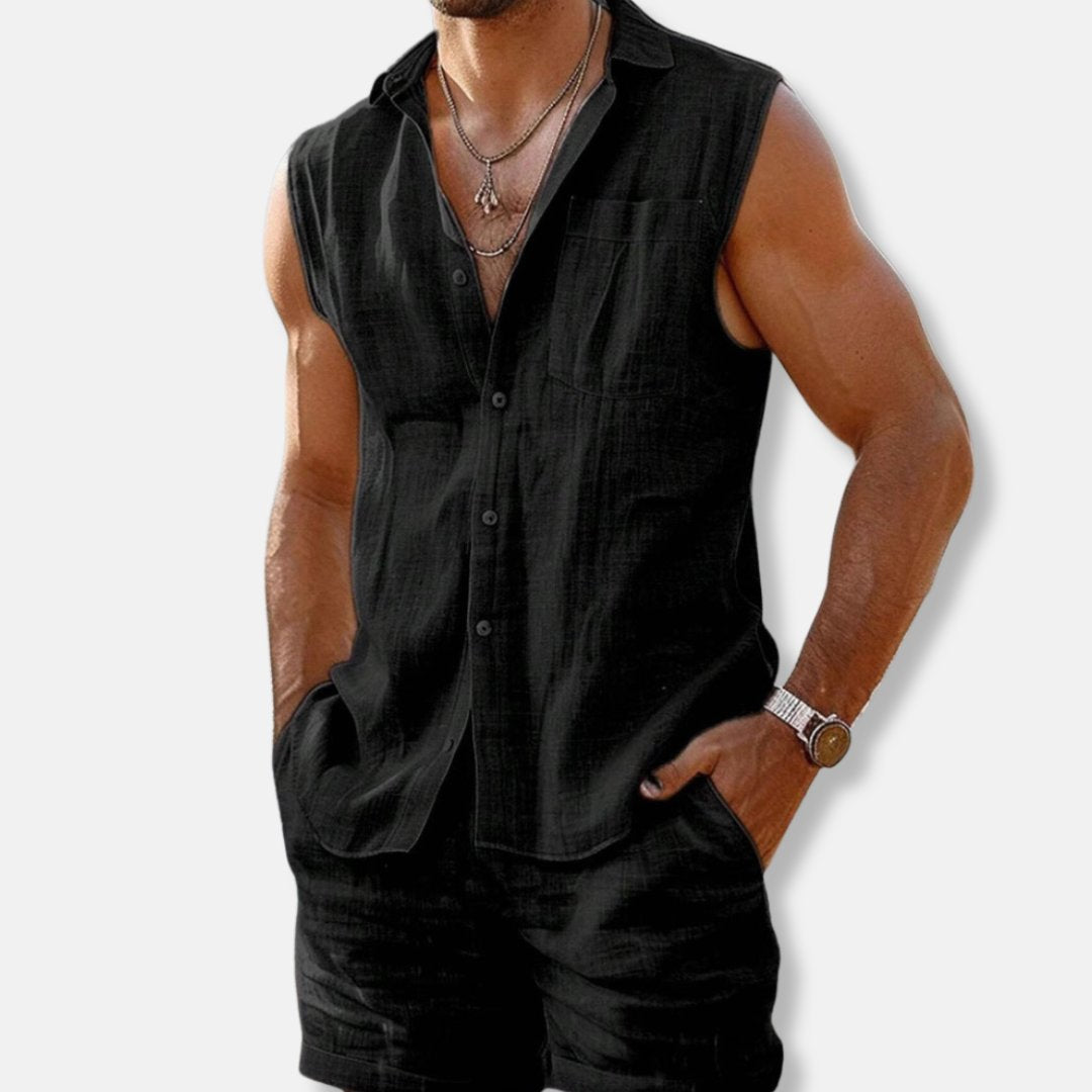 Men's Sleeveless Linen-Look Button-Down Shirt Shorts Set - Black