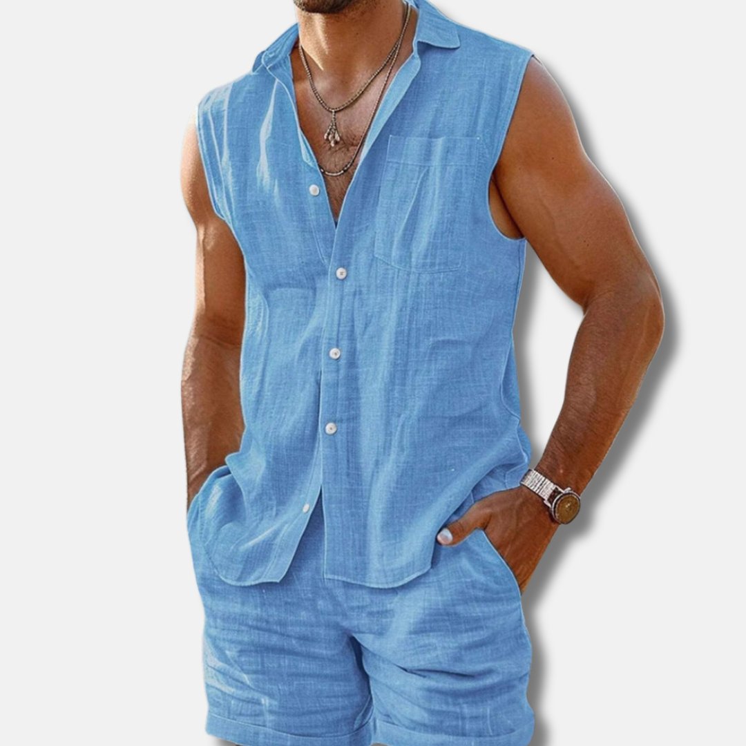 Men's Sleeveless Linen-Look Button-Down Shirt Shorts Set - Sky Blue