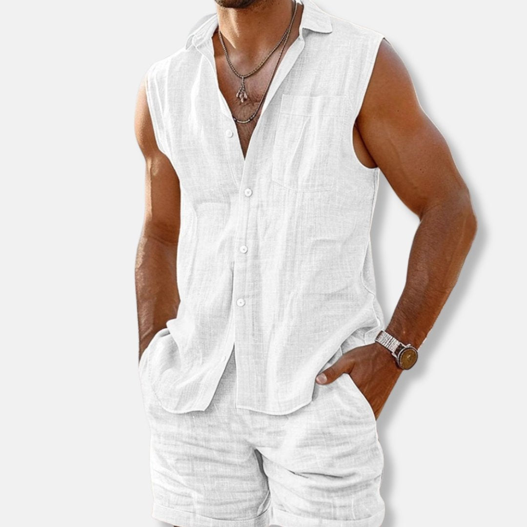 Men's Sleeveless Linen-Look Button-Down Shirt Shorts Set - White