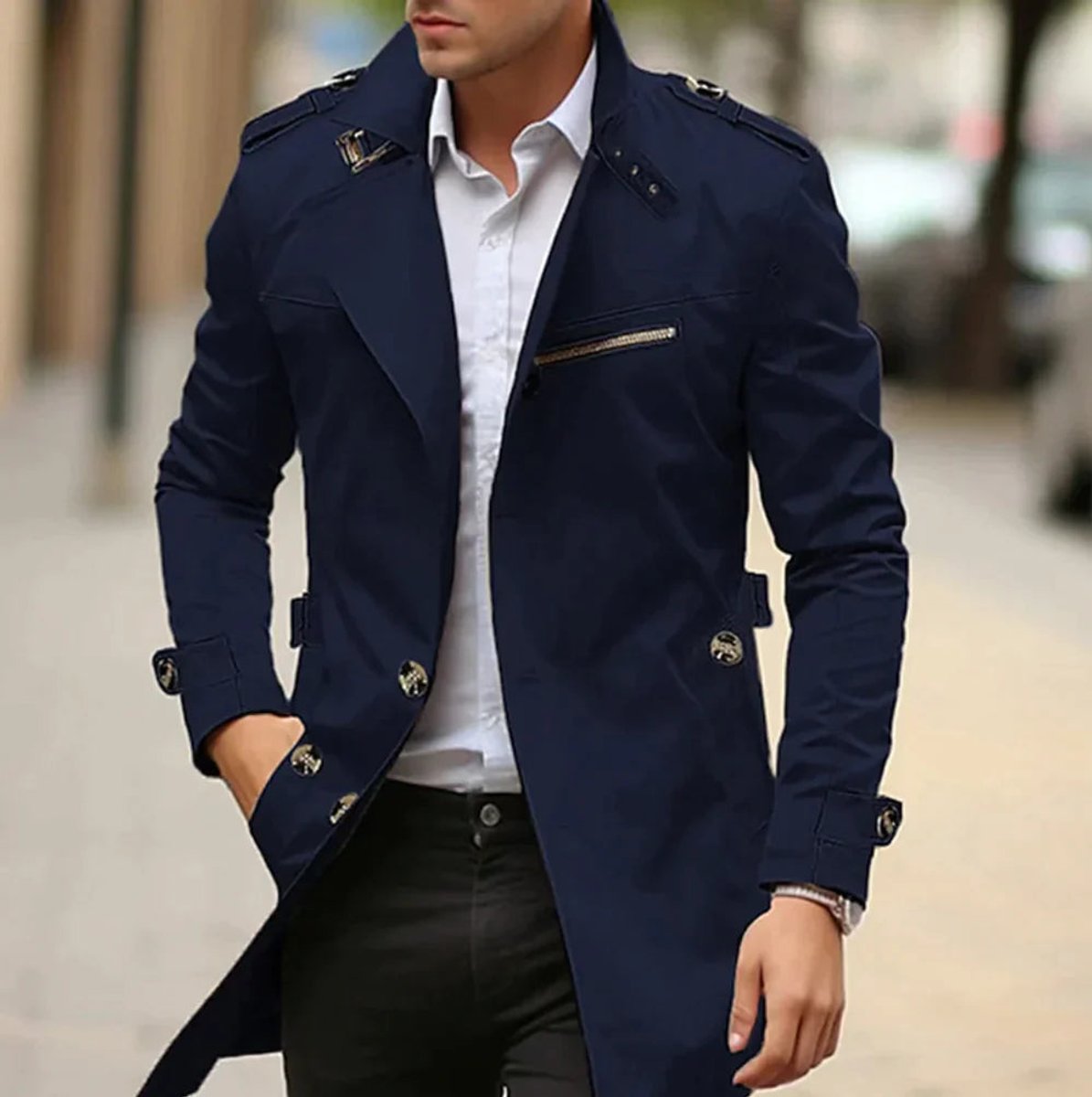 Men's Slim-Fit Belted Trench Mens Wool Coat Jacket - Dark Navy