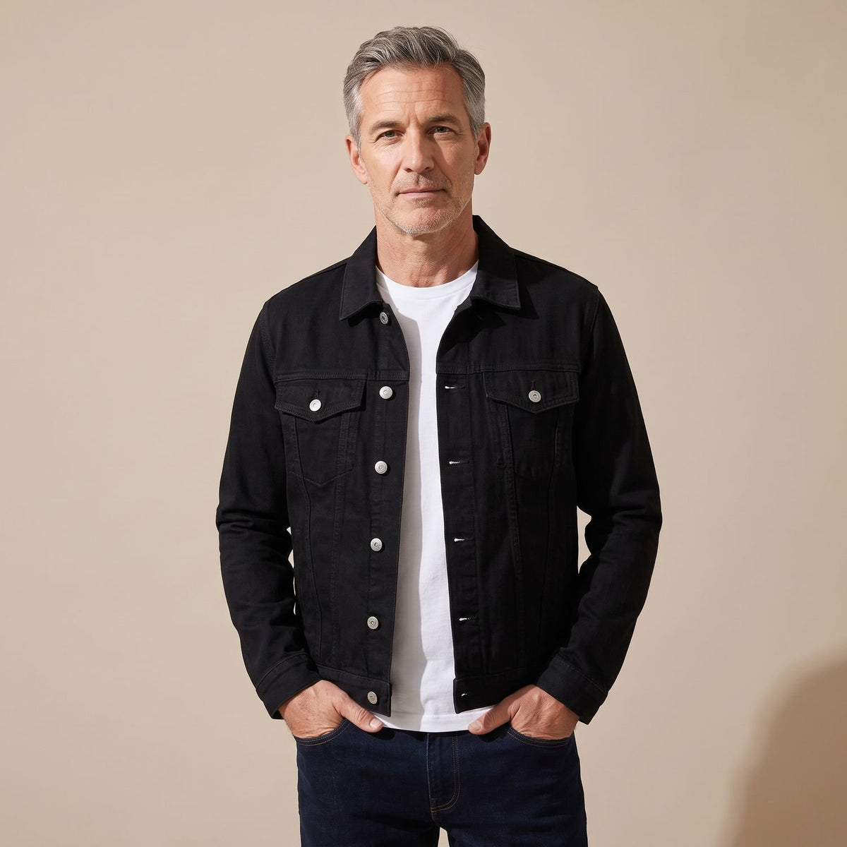 Men's Slim-Fit Button-Front Cotton Denim Jacket - Black