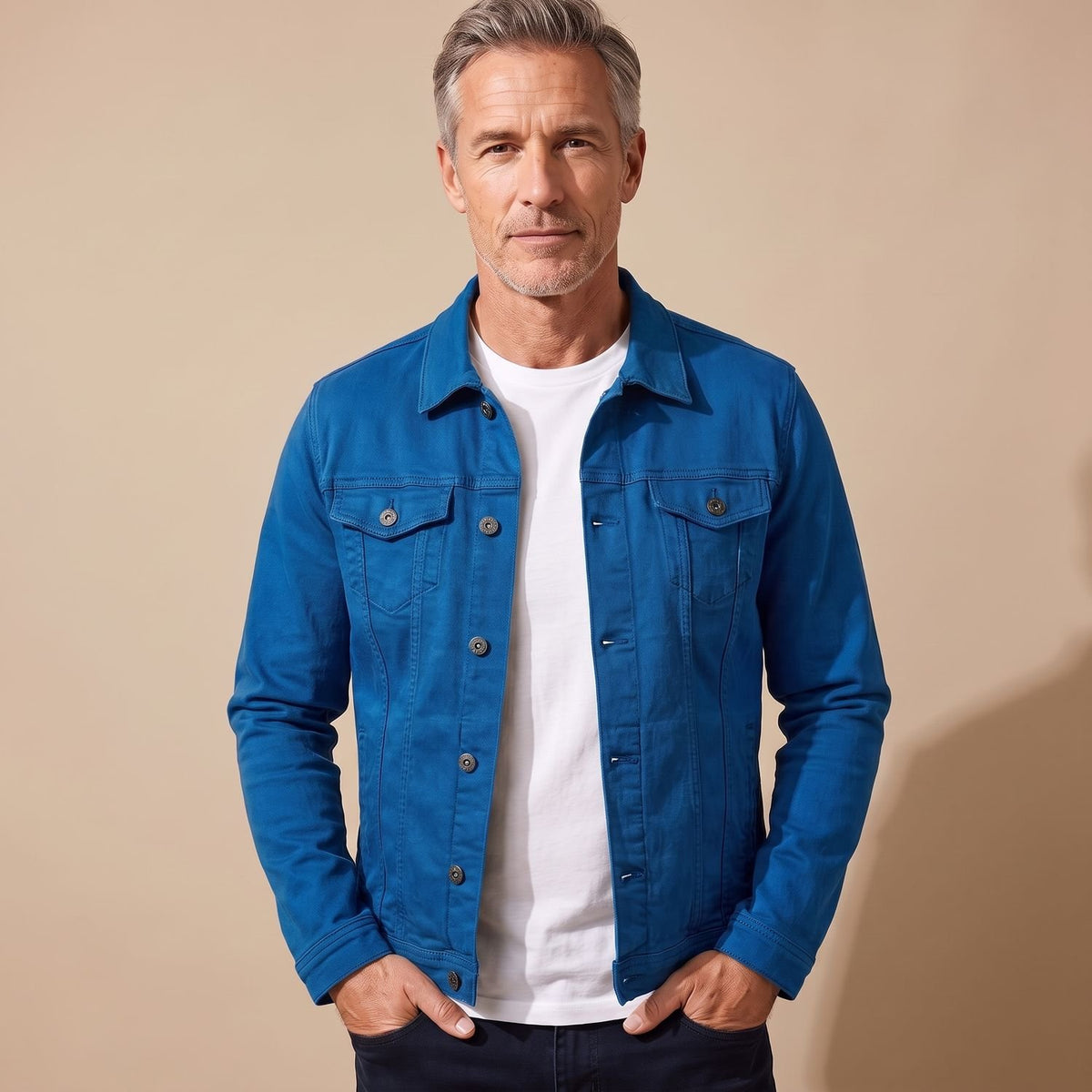 Men's Slim-Fit Button-Front Cotton Denim Jacket - Light Blue