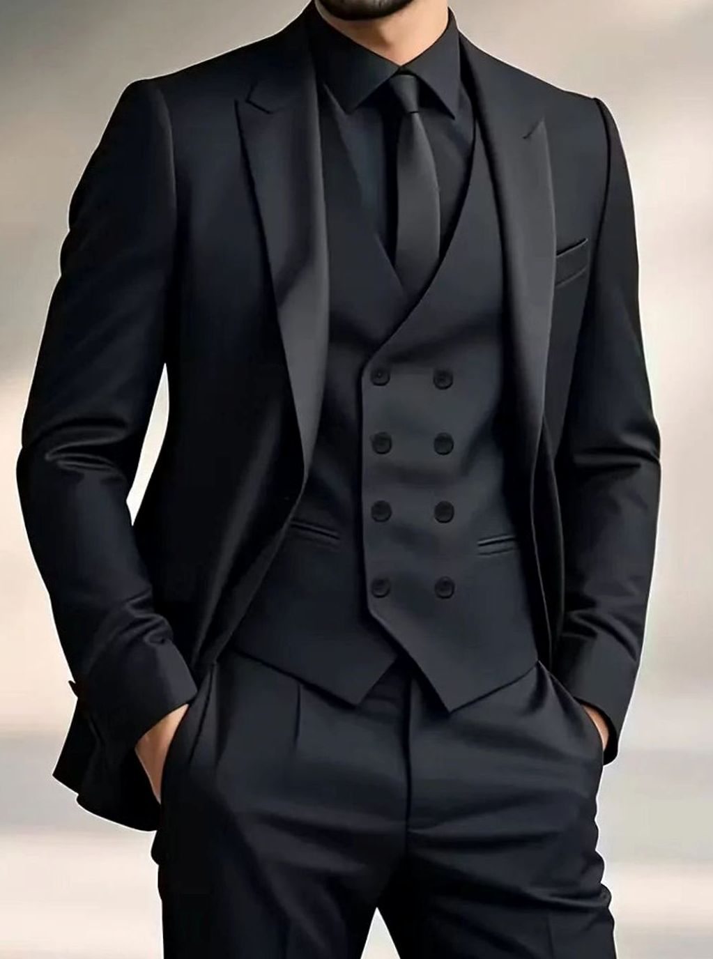 Men's Slim Fit Double-Breasted 3-Piece Suit with Waistcoat - Black