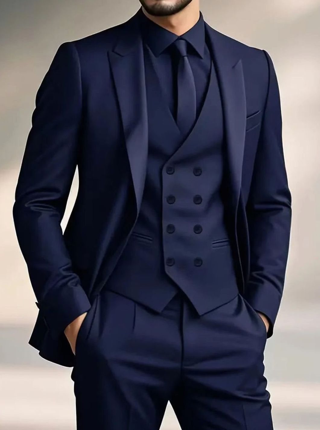 Men's Slim Fit Double-Breasted 3-Piece Suit with Waistcoat - Navy Blue