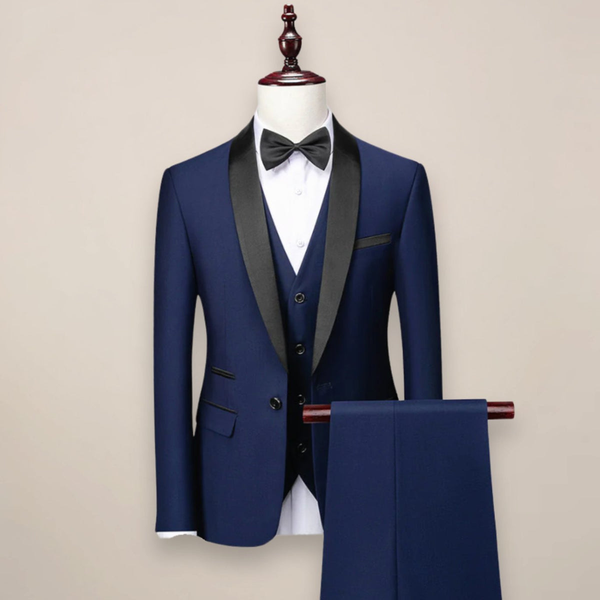 Men's Slim-Fit Shawl-Lapel Three Piece Tuxedo Suit - Navy Blue