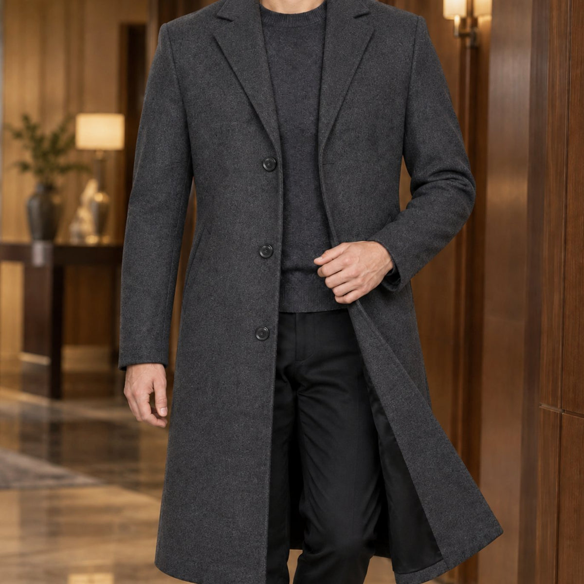 Men's Slim-Fit Single-Breasted Tailored Topcoat - Dark Grey