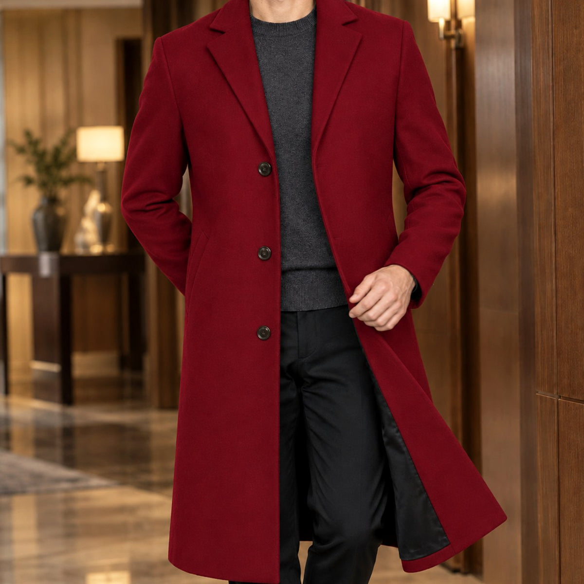 Men's Slim-Fit Single-Breasted Tailored Topcoat - Deep Red