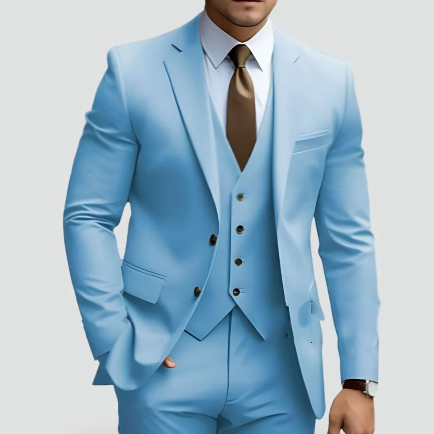 Men's Slim-Fit Three-Piece Formal Suit Jacket Waistcoat Trousers - Light Blue