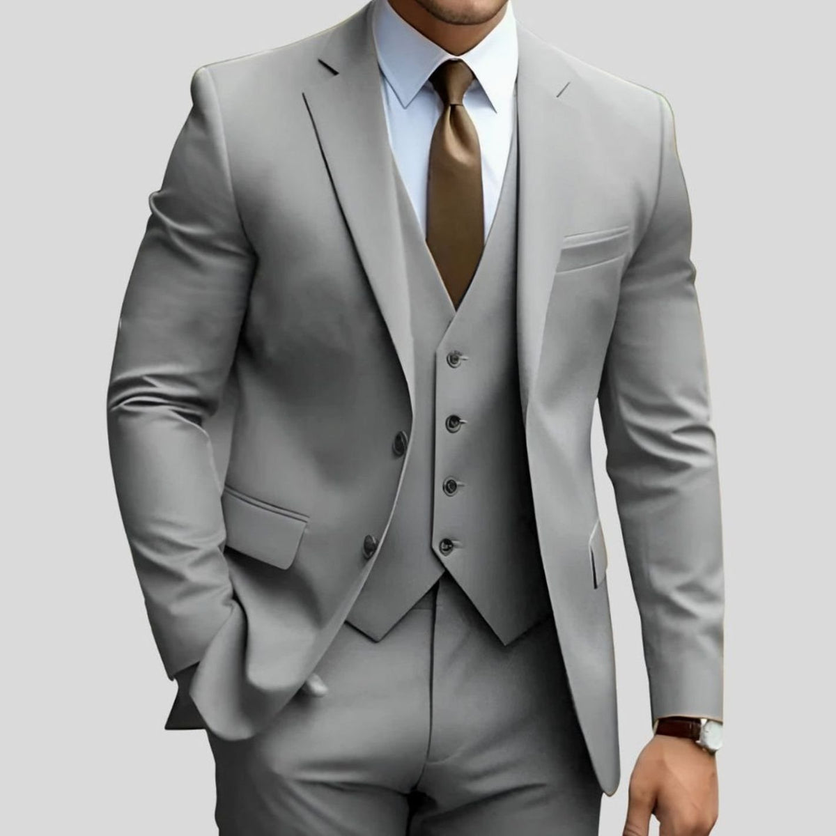 Men's Slim-Fit Three-Piece Formal Suit Jacket Waistcoat Trousers - Grey
