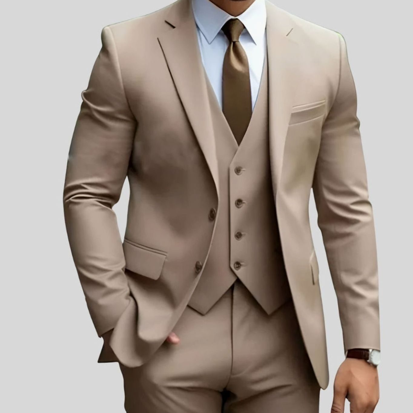 Men's Slim-Fit Three-Piece Formal Suit Jacket Waistcoat Trousers - Brown