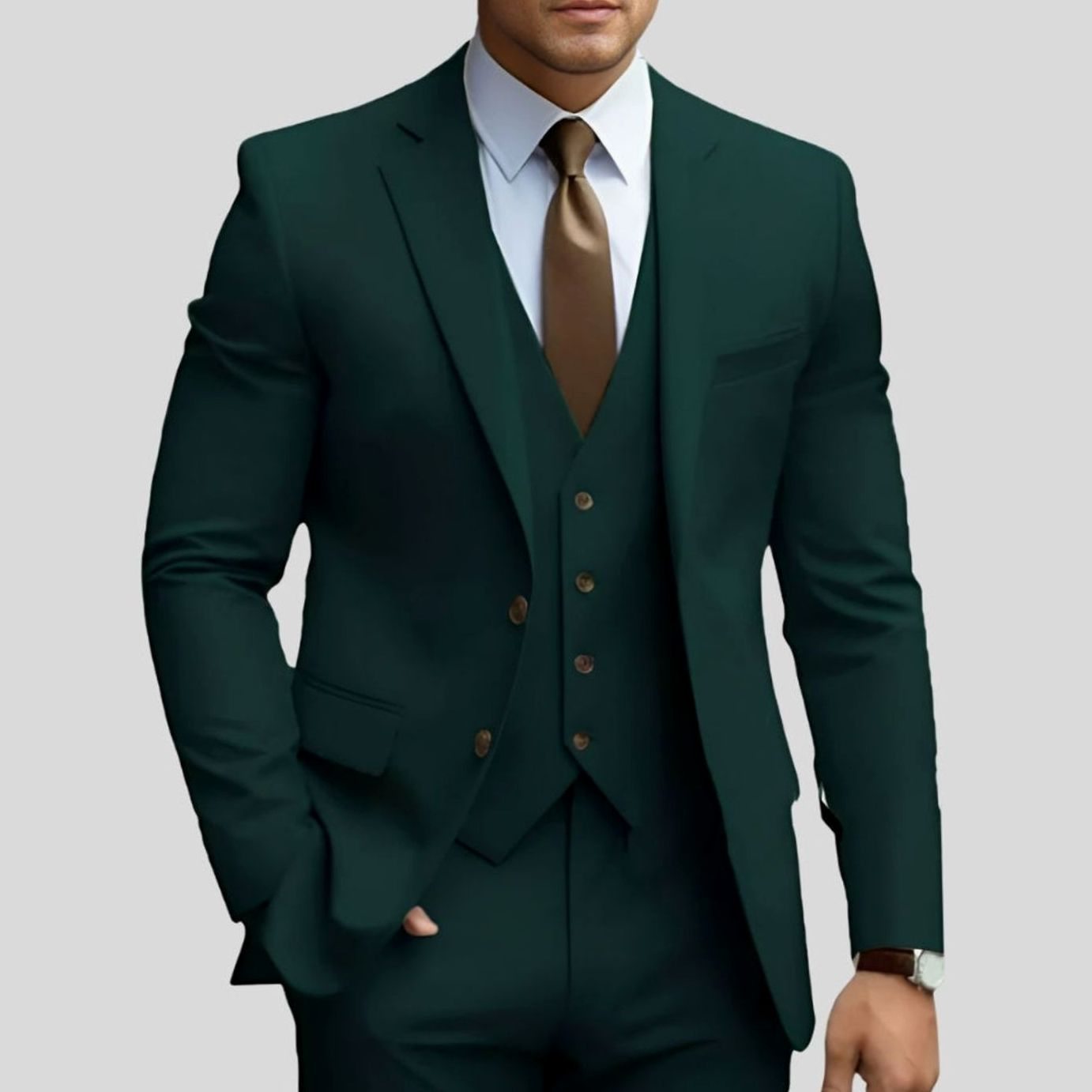 Men's Slim-Fit Three-Piece Formal Suit Jacket Waistcoat Trousers - Dark Green