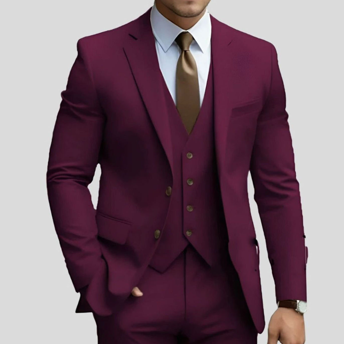 Men's Slim-Fit Three-Piece Formal Suit Jacket Waistcoat Trousers - Burgundy