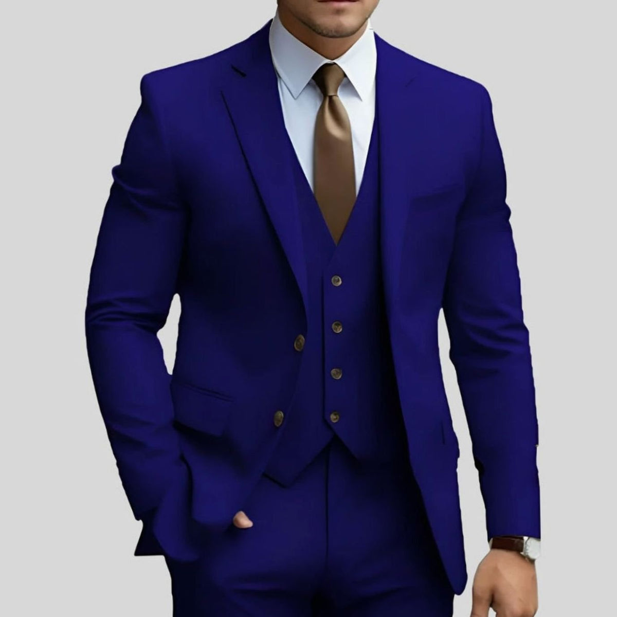 Men's Slim-Fit Three-Piece Formal Suit Jacket Waistcoat Trousers - Blue