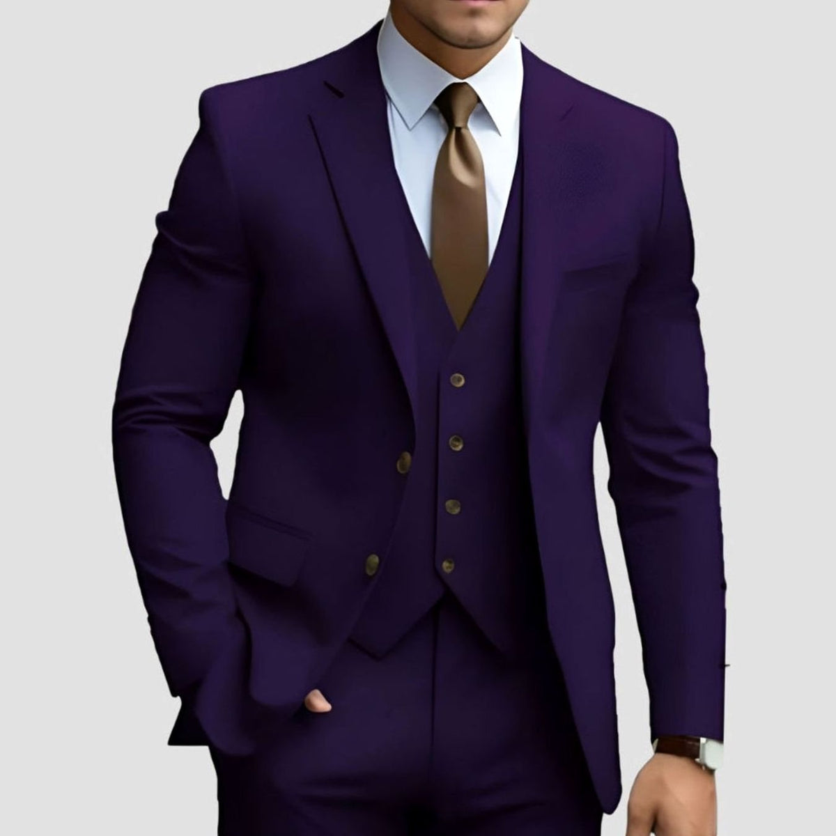 Men's Slim-Fit Three-Piece Formal Suit Jacket Waistcoat Trousers - Purple