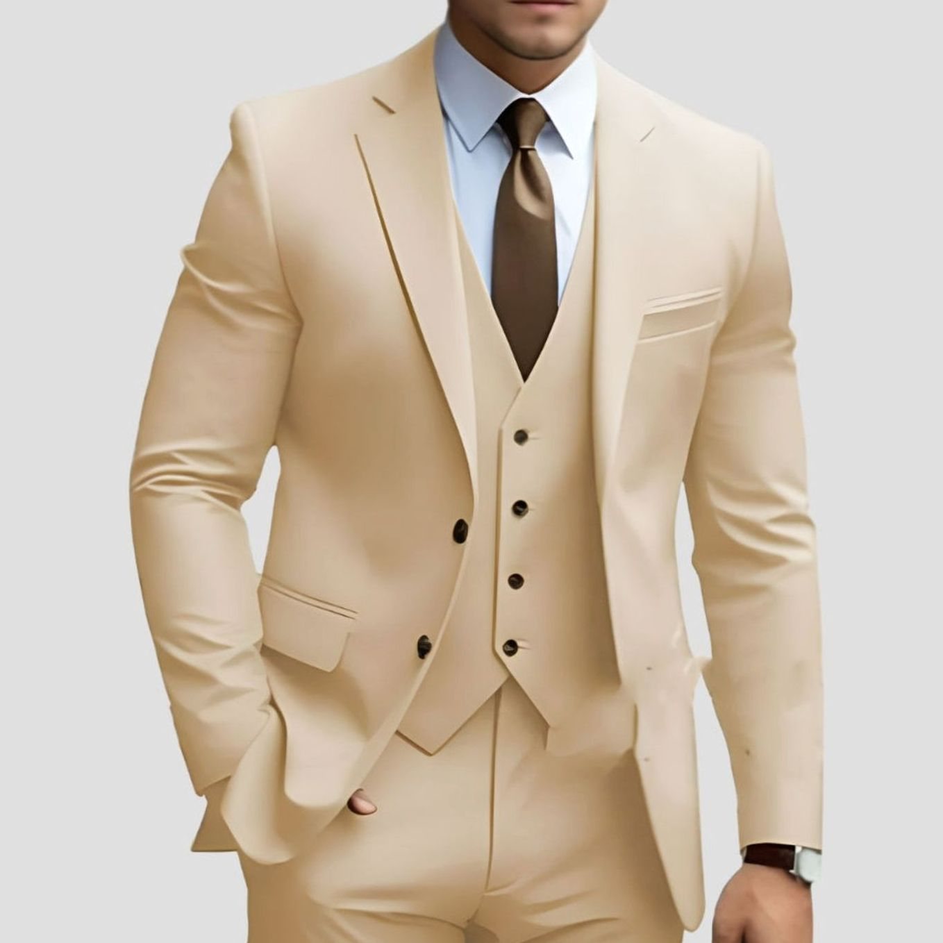 Men's Slim-Fit Three-Piece Formal Suit Jacket Waistcoat Trousers - Beige