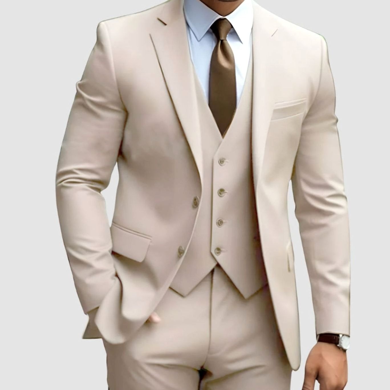 Men's Slim-Fit Three-Piece Formal Suit Jacket Waistcoat Trousers - Khaki