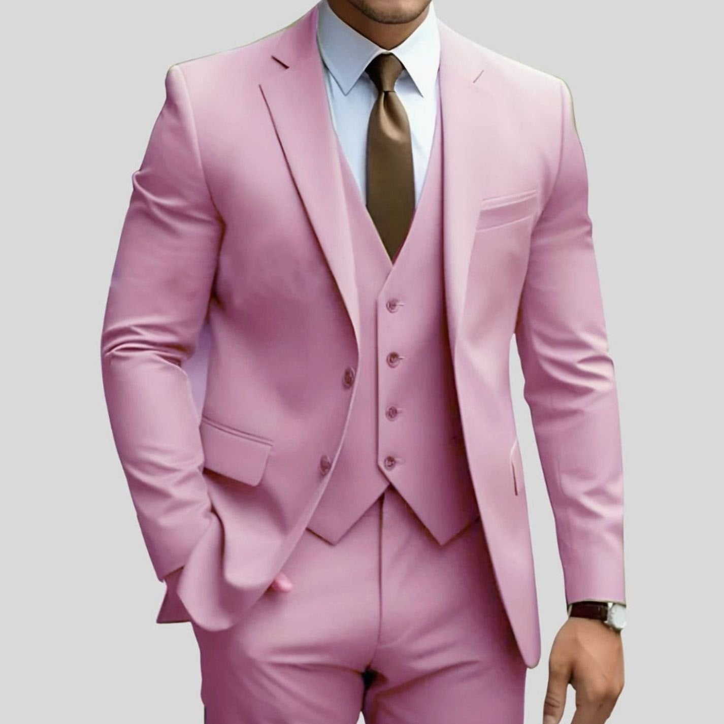 Men's Slim-Fit Three-Piece Formal Suit Jacket Waistcoat Trousers - Pink