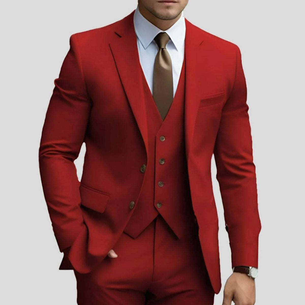Men's Slim-Fit Three-Piece Formal Suit Jacket Waistcoat Trousers - Red