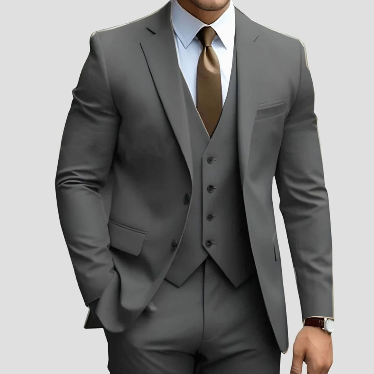 Men's Slim-Fit Three-Piece Formal Suit Jacket Waistcoat Trousers - Grey 2