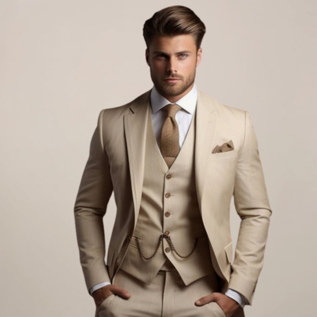 Men's Slim-Fit Three Piece Wedding Suit Jacket Waistcoat Trousers - Beige