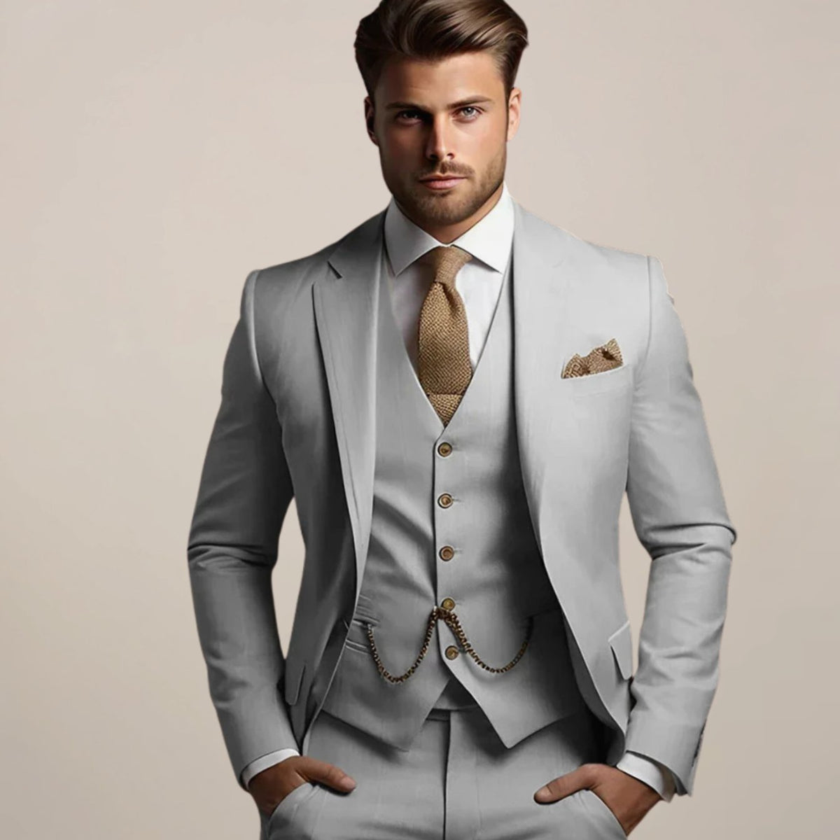Men's Slim-Fit Three Piece Wedding Suit Jacket Waistcoat Trousers - Grey