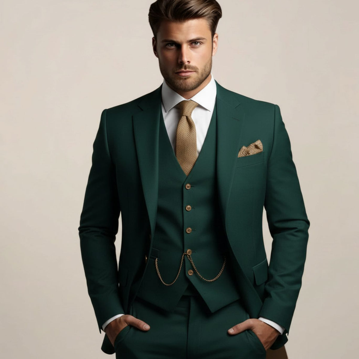 Men's Slim-Fit Three Piece Wedding Suit Jacket Waistcoat Trousers - Dark Green