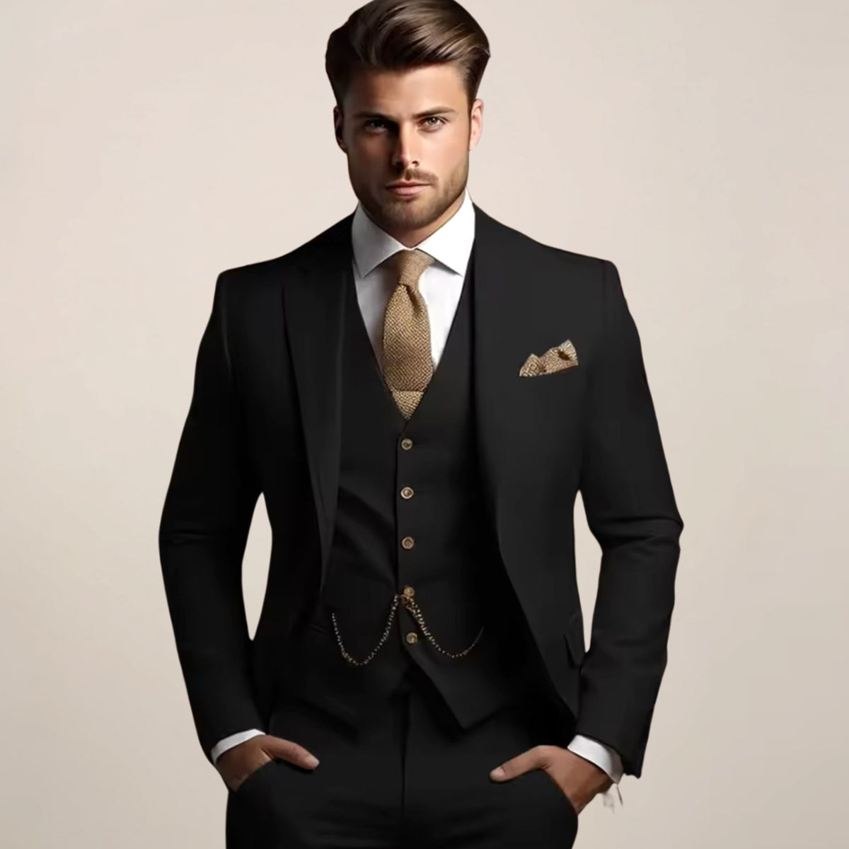 Men's Slim-Fit Three Piece Wedding Suit Jacket Waistcoat Trousers - Black