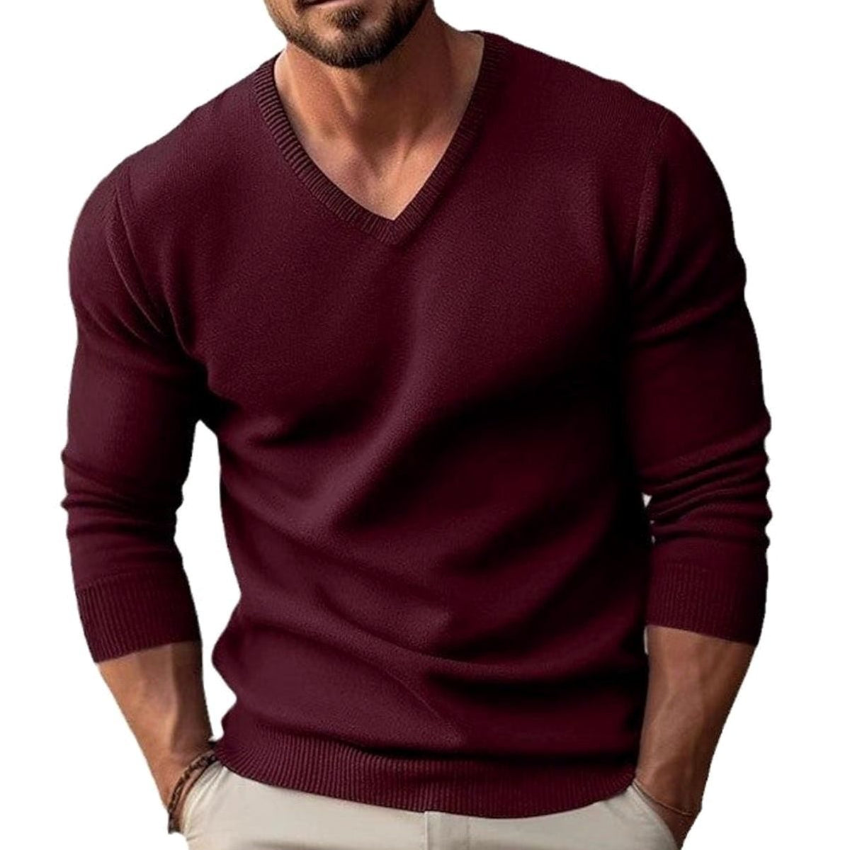 Men's Slim-Fit V-Neck Fine-Knit Stretch Sweater Ribbed Cuffs