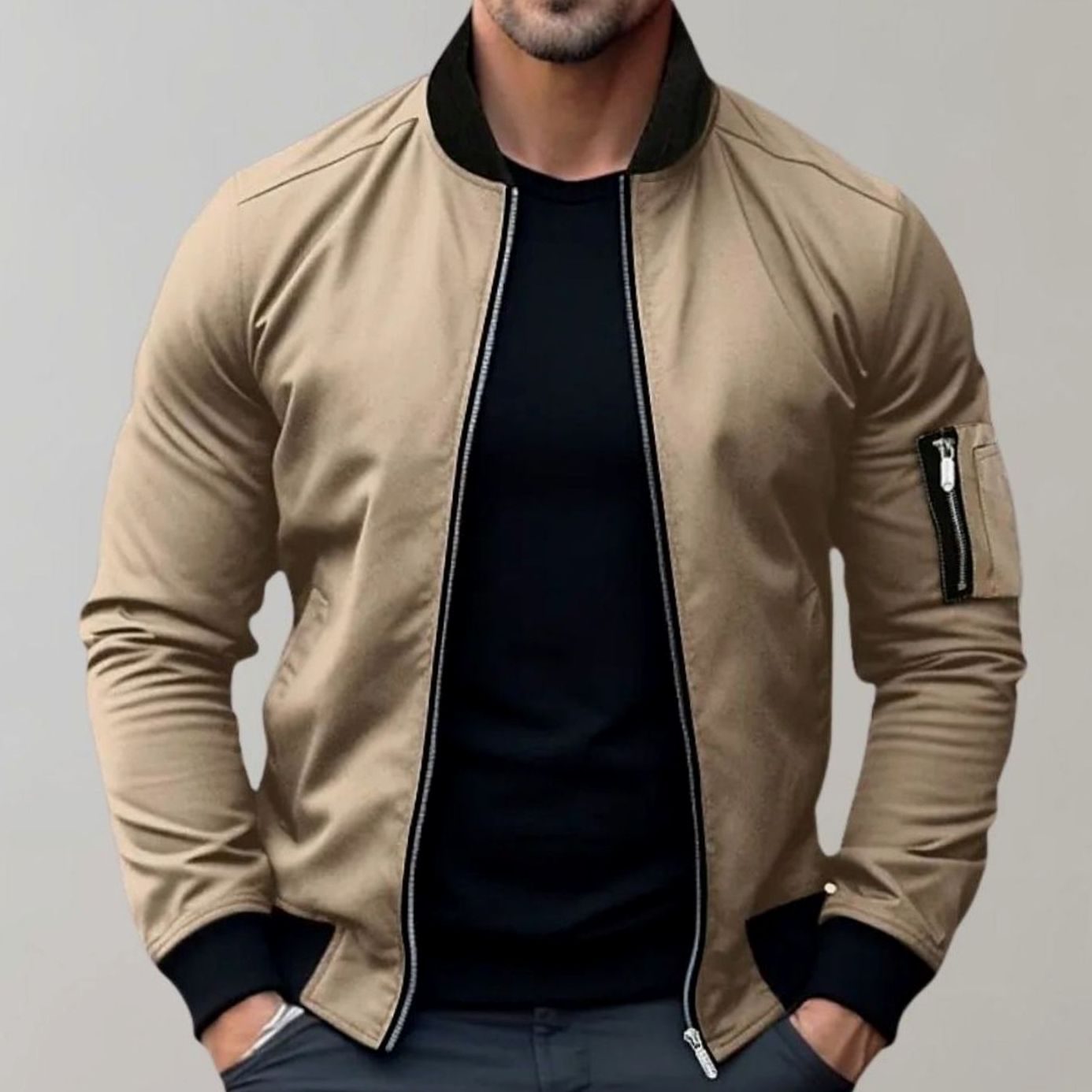 Men's Slim Fit Zip-Up Bomber Jacket Ribbed Collar Pockets - Khaki