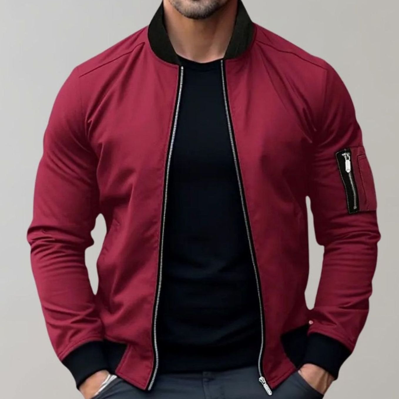 Men's Slim Fit Zip-Up Bomber Jacket Ribbed Collar Pockets - Burgundy