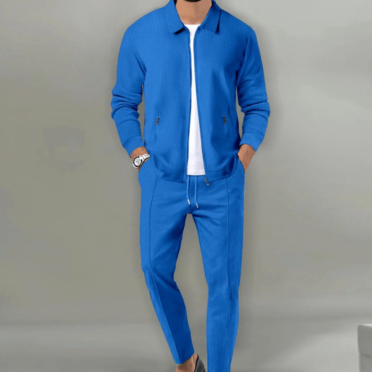 Men's Slim-Fit Zip-Up Casual Tracksuit Two-Piece Set - Blue