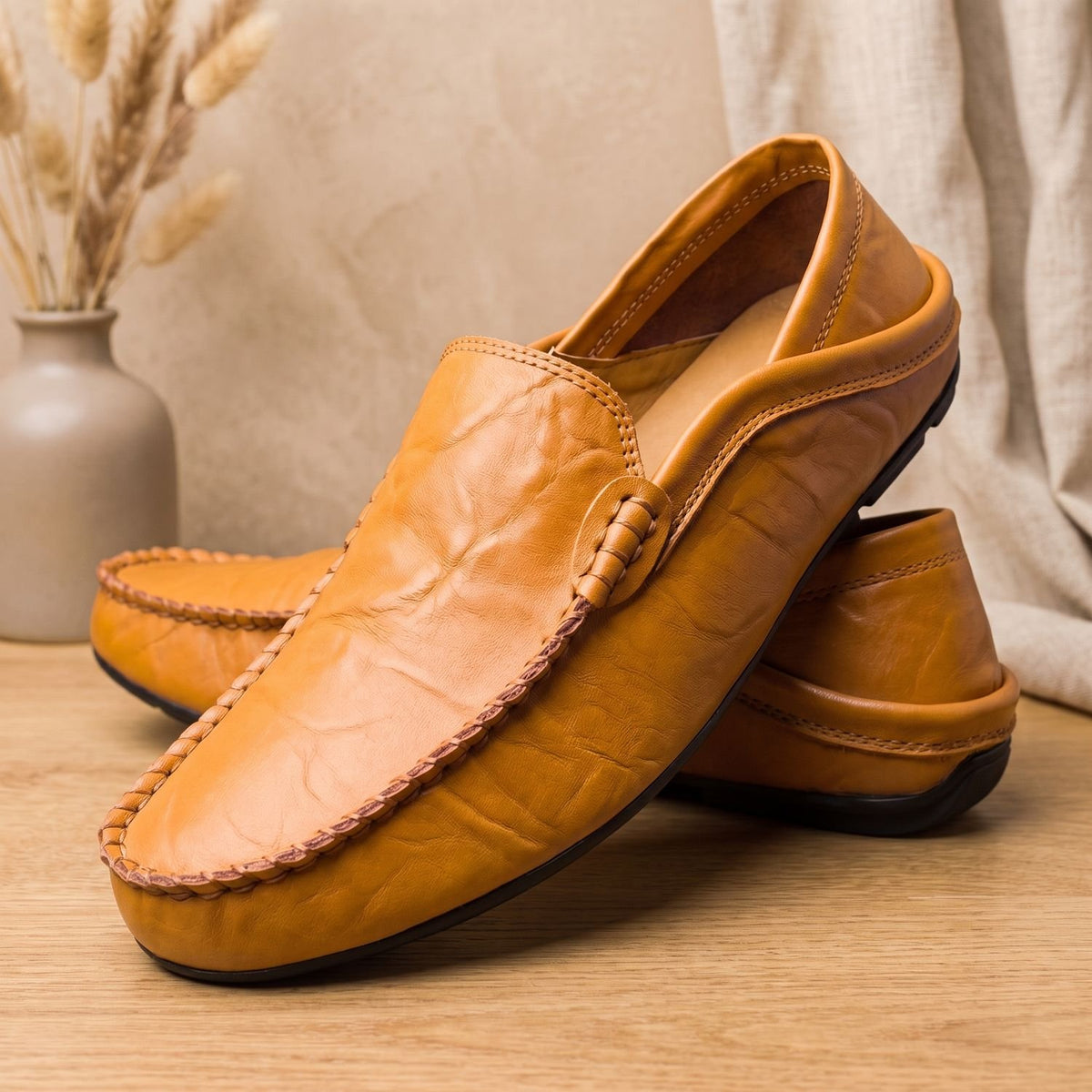Men's Slip-On Tan Leather Moccasin Loafers - Beige