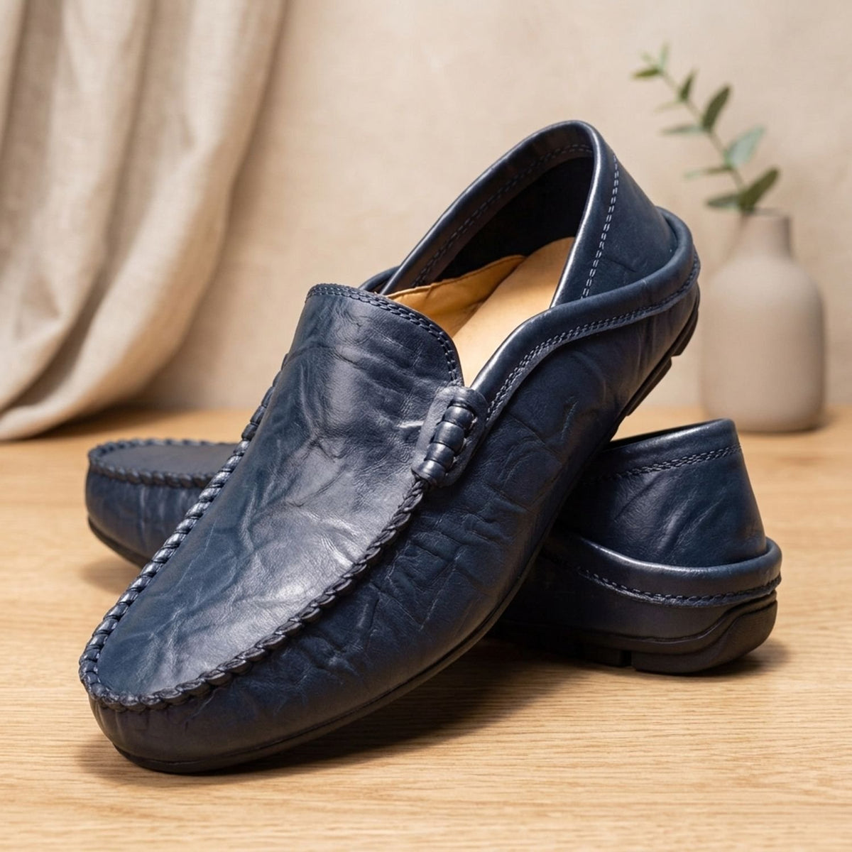Men's Slip-On Tan Leather Moccasin Loafers - Navy Blue