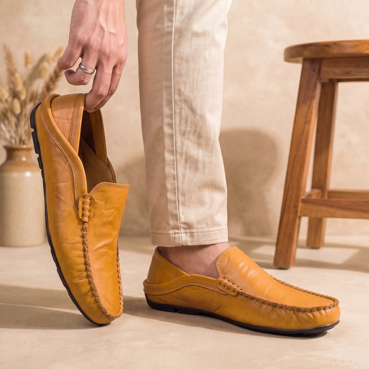 Men's Slip-On Tan Leather Moccasin Loafers