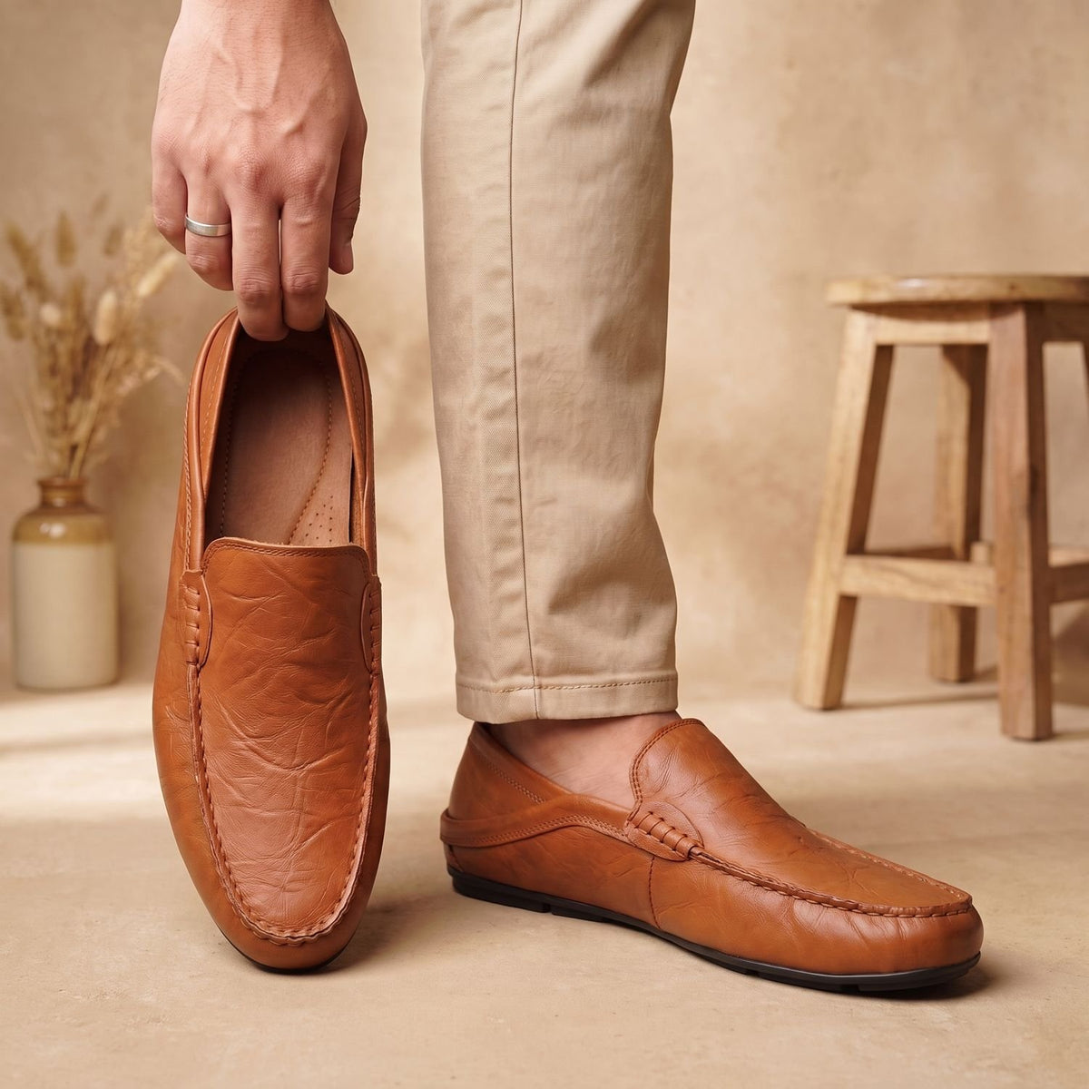 Men's Slip-On Tan Leather Moccasin Loafers