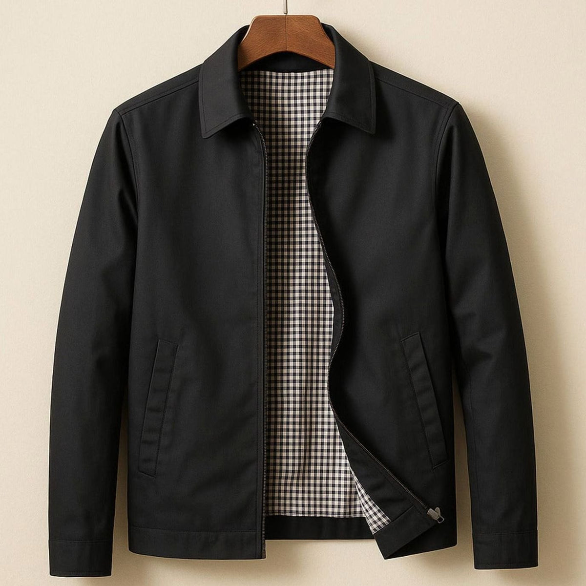 Men's Smart-Casual Zip-Up Harrington Jacket Gingham Lining - Black
