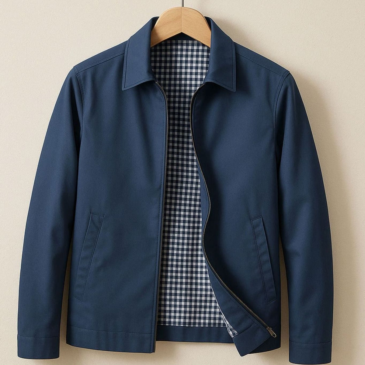 Men's Smart-Casual Zip-Up Harrington Jacket Gingham Lining - Blue