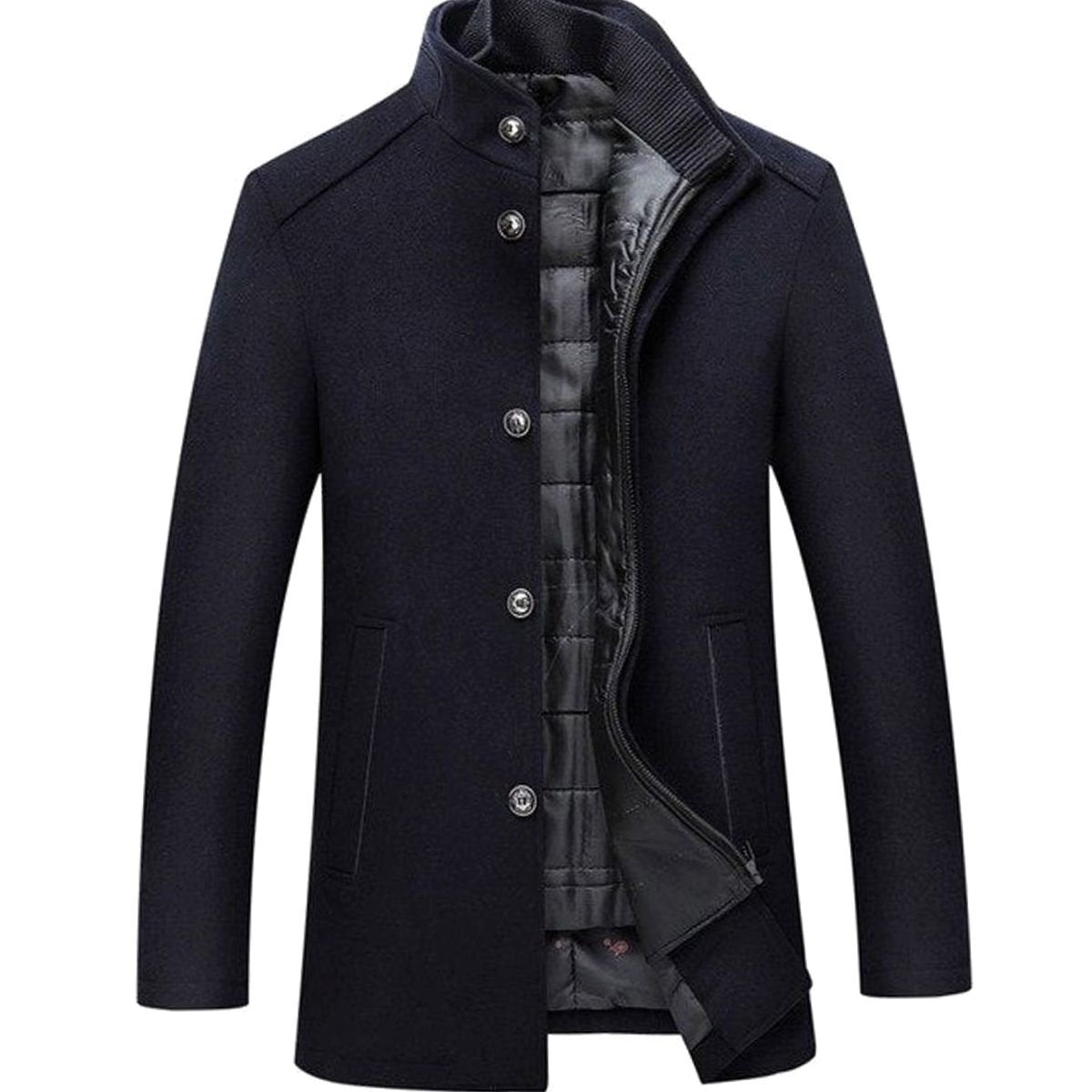 Men's Stand Collar Button-Up Insulated Winter Jacket - Navy Blue