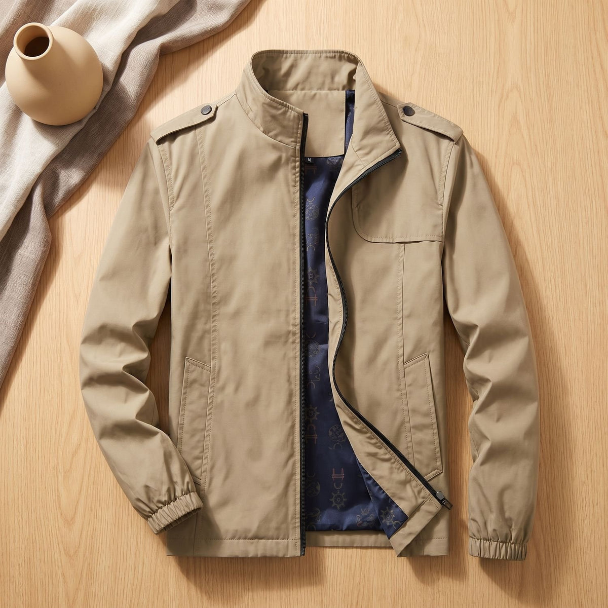 Men's Stand Collar Plaid-Lined Casual Zip-Up Jacket - Beige
