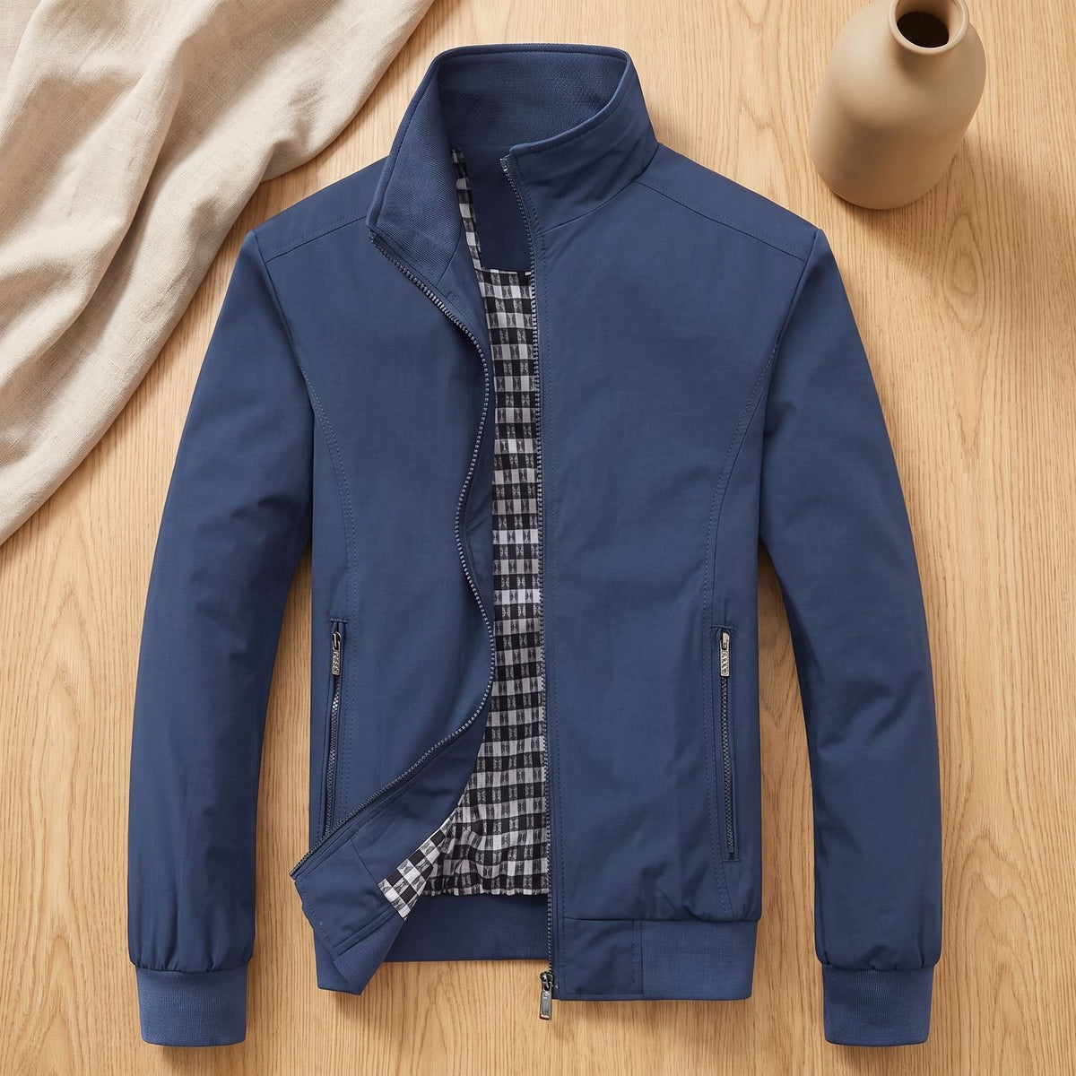 Men's Stand Collar Plaid-Lined Casual Zip-Up Jacket - Blue