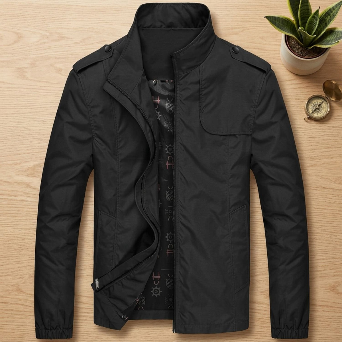 Men's Stand Collar Plaid-Lined Casual Zip-Up Jacket - Grey
